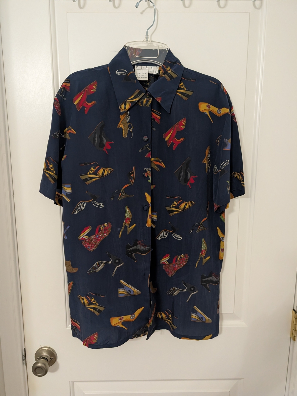 Vintage Piano 100% Silk Shoe Print Button Up Blouse Top Size S